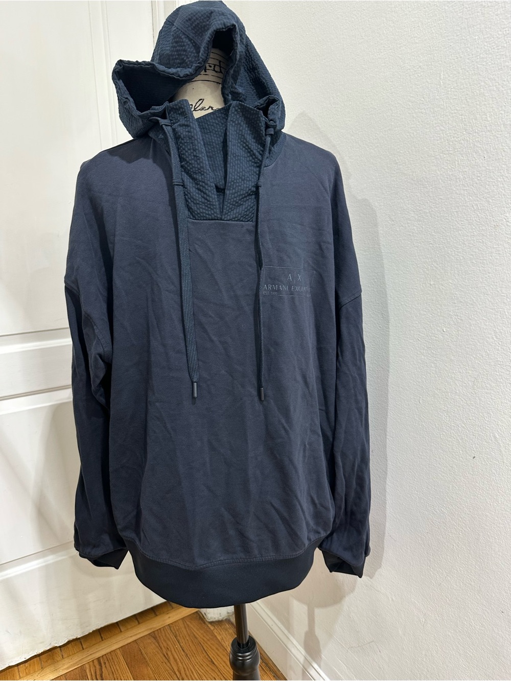 Armani Exchange Dark Navy Pullover Hoodie with Drawstring